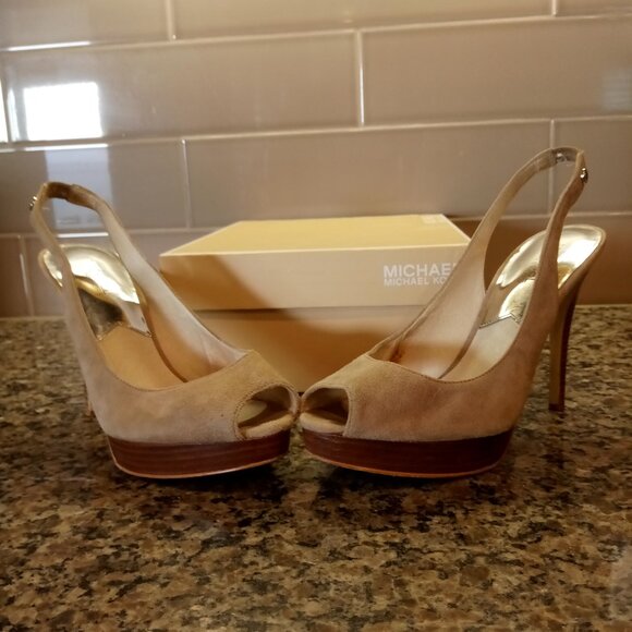 MICHAEL Michael Kors York Peep Toe Sling Back Suede / Wood 4.5" Heel Size 8.5M - Picture 9 of 16